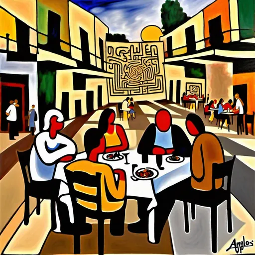 Prompt: Sitting at a table with co workers after walking through a maze to get to the destination with the sun up in the corner abstract and off centered like a Picasso painting mad and depressed picture broken up into sections with the different stories in different sections. restaurant in the background of painting with a sigh that says Angelo’s people sitting infront of the restaurant at a table outside Called Angelo’s 