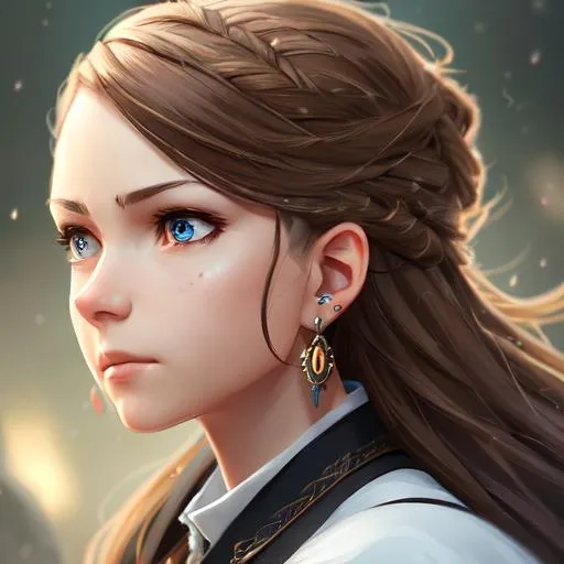 Prompt: Detailed character portrait, highly detailed, cinematic lighting, digital painting, concept art, sharp focus, full character view, illustration, very detailed, detailed face, female human, light brown hair, wavy hair, brown eyes, black v neck top, double earrings, 11 years old.