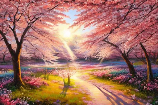 Prompt: Oil painting, cherry blossom, in flower field, vibrant colors, sunrays, high detail, masterpiece, romantic