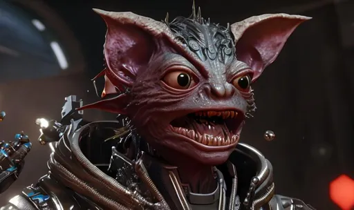 Prompt: Sci-fi Space Gremlin with  augmentations and sly smile, finely detailed prisoner jacket, portrait, cinematic lighting, intricate filigree metal design, 4k, 8k, unreal engine, octane render