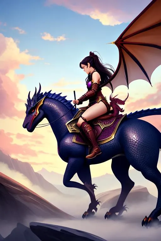 Prompt: a dragonrider girl on her dragon, fantastic, concept art, 