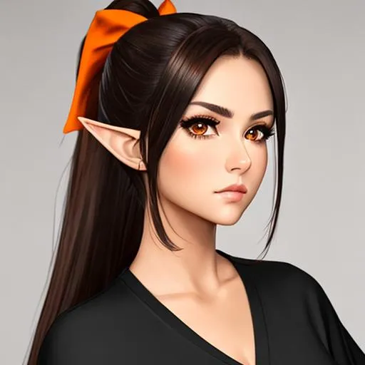 Prompt: indifferent face, female, amber brown eyes, bright eyes, long black hair, high ponytail hair, plain orange top, elf ears
