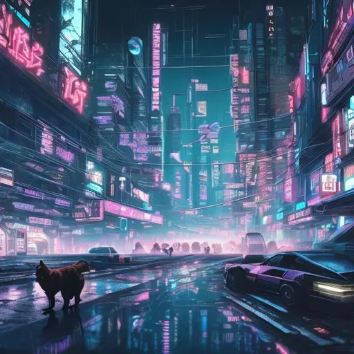Prompt: a super cool wallpaper for my computer that includes a cyberpunk type city with some dogs on the road  