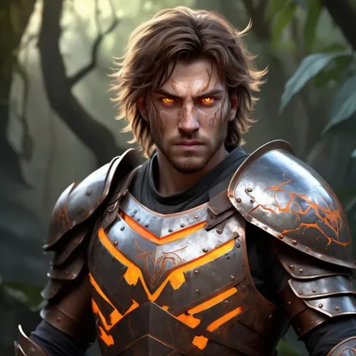 Prompt: young man, brown messy hair, glowing orange eyes, plate armor with runes, clear skin, realistic, stubble, enraged, realistic, jungle