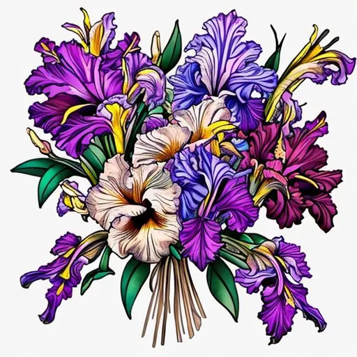 Prompt: Create tattoo art style of a 3 flower bouquet. In the bouquet included the follow individual flowers: pink tiger lily, purple bearded iris and red rose 