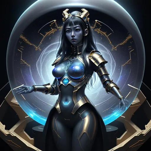 Prompt: splash art, hyper detailed, hyper realistic, highly detailed, dark, surreal heavy mist, floating at the edge of the Universe, in an alien observatory spaceship, 

create a 70% transparent computer generated hologram of an exquisite, beautiful, totally ultra realistic young adult Asian Time lord Princess, in an offensive stance, wearing Obsidian and Gold armor,

Gorgeous detailed facial features, long legs, vibrant sumptuous, perfect body, ultra pale, visible midriff, ((perfect curly red hair)), magically created armor, heavy iron collar, 

Perfect studio lighting, perfect shading. HDR, UHD, high res, 64k, cinematic lighting, special effects, hd octane render, professional photograph, trending on artstation, .