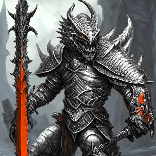 Prompt: Silver Dragonborn with orange eyes wearing adamantine armor holding a Greatsword