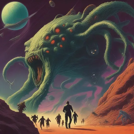 Prompt: Retro futurism, lovecraftian horrors, distant planet, distant primal world, people running from monster