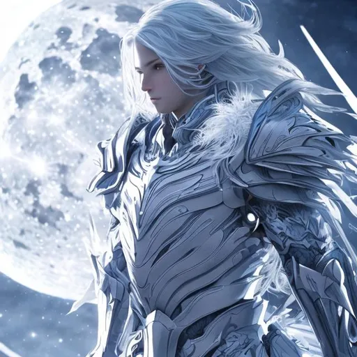 Prompt: Creator of Realms, Guardian of Hope, Phoenix, White and blue futuristic armor, anime, white haired man standing in the moonlight, hyper realistic, futuristic elegant design, Night, moon, saint, six wings