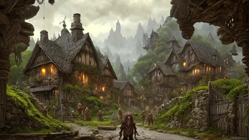 Prompt: Country Side village filled with goblins, Dungeons and Dragons, a masterpiece, 8k resolution, dark fantasy concept art, by Greg Rutkowski, dynamic lighting, hyperdetailed, intricately detailed, Splash screen art, trending on Artstation, deep color, Unreal Engine, volumetric lighting, Alphonse Mucha, Jordan Grimmer, complementary colours