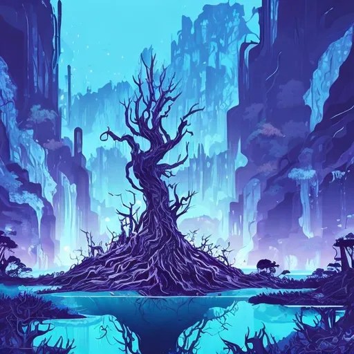 Prompt: A dead tree surrounded by pools of water, violate foliage surrounds the area, Illustrative style, anime, domain, purple