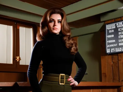 Prompt: Full body photo of  60's eurospy film operative women, beautiful face, highly detailed face, 60's hair cut, 60's spy secret hideout room, accurate anatomy, photorealistic professional lighting, highly detailed photo, large plan, 164k, UHD, HDR. Strong jawline, accurate anatomy, strategic lighting. Cinematic experience