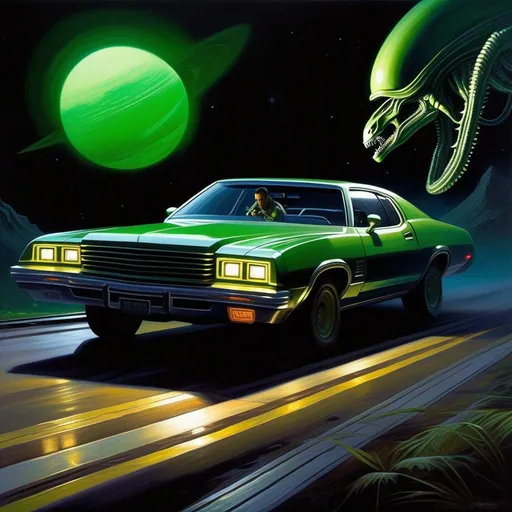 Prompt: Alien Isolation, car chase, xenomorphs, green atmosphere, extremely detailed painting by Greg Rutkowski and by Henry Justice Ford and by Steve Henderson