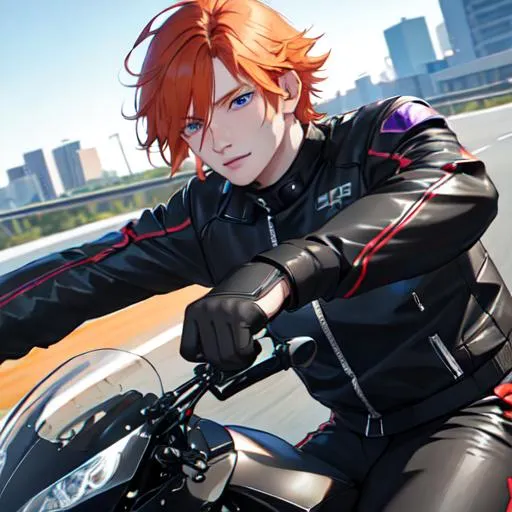 Prompt: Erikku male (short ginger hair, freckles, right eye blue left eye purple) muscular, riding a motorcycle. UHD, 8K, Highly detailed, wearing biker gear, driving on the freeway, close up shot of the motorcycle, insane detail, best quality, high quality