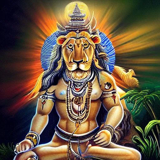 Prompt: Merging of a lion and God shiva into a single deity realistic 