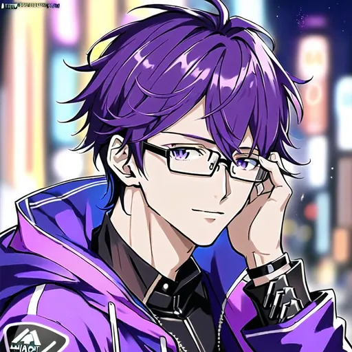 Prompt: HD, 4K, UHD, WhatsApp Profile Picture, 1:1, handsome anime guy with glasses, purple hair, cyberpunk style, The background Night cyberpunk city.