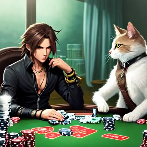 Prompt: Squall from Final Fantasy playing poker with an anthropomorphic cat