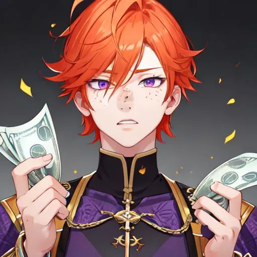 Prompt: Erikku male (short ginger hair, freckles, right eye blue left eye purple) muscular, UHD, 8K, Highly detailed, insane detail, best quality, high quality.  holding dollar bills, wearing clothes