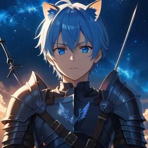 Prompt: a anime character with blue hair and a sword in his hand, with a sky background and clouds in the background, Ay-O, sots art, official art