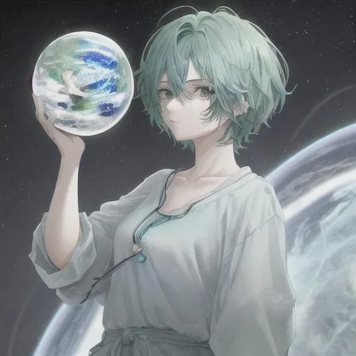 Prompt: Blue and green hair, cute woman, baggy white shirt, holding a planet, both hands holding, looking at hands, best quality, high quality, 64k, high res, focus, no backround,