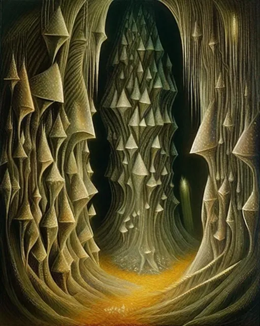 Prompt: "((UnderWorld Magic))" at midnight, in a mystical underground chamber filled with glowing crystals. The scene exudes otherworldly enchantment. In the style of Remedios Varo