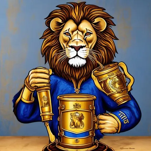 Prompt: regal lion wearing royal blue and gold drinking a stein of beer