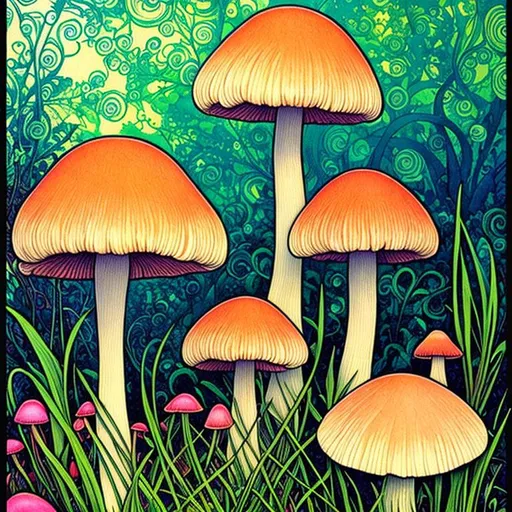 Prompt: Mushrooms, trippy, art nouveau, colorful
