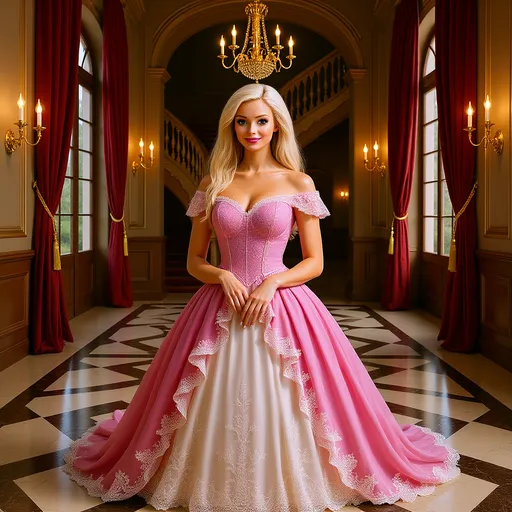 Prompt: A beautiful flirty princess, with a thin, athletic build, in an extravagant, intricately crafted pink and cream ball gown with lace trim. Her arms are crossed at the wrists and he head is bowed slightly. In opulent hall unfolds, draped in rich reds, pinks and cream adorned with lavish golden chandeliers that cast a warm glow across the polished marble floor, reflecting intricate patterns. Towering windows allow soft light to filter through, illuminating the grand staircase that spirals elegantly upward, flanked by exquisite railings. The walls are detailed with exquisite artwork and ornate moldings, while plush red drapes frame the towering windows, adding to the regal atmosphere. A serene stillness pervades the space, evoking a sense of grandeur and majesty, as if one is stood in a royal palace steeped in history. The elegant decor and soft lighting create an inviting yet awe-inspiring ambiance, inviting thoughts of courtly affairs and timeless elegance. The frame is composed as a close shot so that we see the princess close from the waist up.
