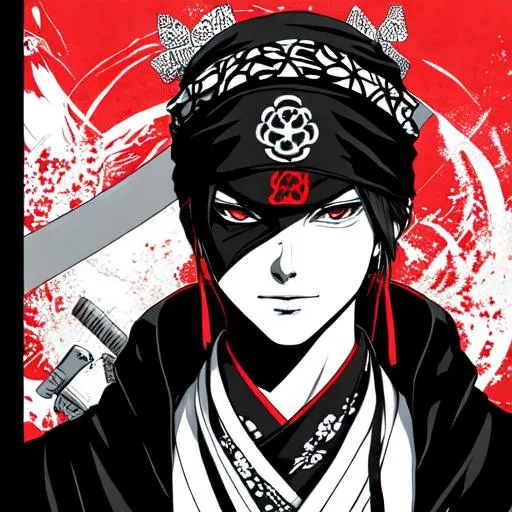 Prompt: Bleach art style, A highly realistic and extremely detailed face full body portrait. Holding a weapon in both hands. Wearing a black cloak over a his vagabond samurai kimono that he wears under and also Wearing an intricate patterned bandana on his head and Wearing a Cotton Shemagh Tactical Desert Scarf Wrapped on his neck. The character should be modeled after an fantastical Ronin young prince with handsome long, messy, and wavy silvery black hair, thin arched eyebrows, and striking rinnegan eyes. An 18 year old stripling male character from Warcraft. The artwork should be created in either 4K or 16K resolution and should be of photo realistic quality."
((Width: 512)), ((Height: 627)))