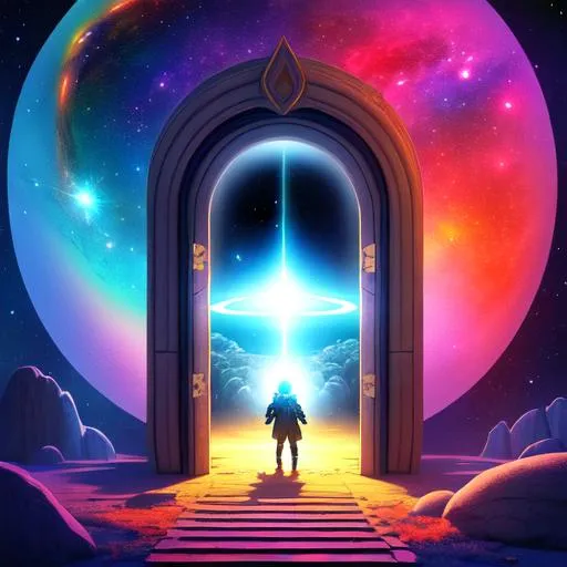 Prompt: A lone wanderer on a colourful mystical plain stepping through a giant door with a portal to nowhere, space and planets are visible in the sky. uhd. cinematic. 1920x1080