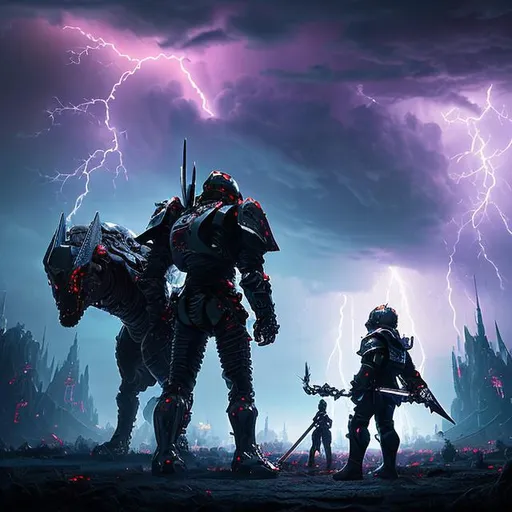 Prompt: 8k portrait of two aggressive futuristic Knights fighting to the death, with cyber swords, in a huge lightning dome-like battle castle, with huge crowd, cinematic perspective concept art, sci-fi style art, background, .obj file, high-quality render, ultrarealistic, cinematic style, files, DeviantArt rendered in unreal engine 5, intricate details