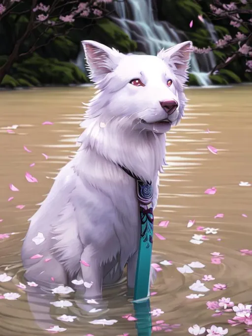 Prompt: USE DEMON SLAYER ART STYLE
REFINED LINES

White Border Collie wearing detailed Green Kimono, One Katana in the mounth, Vapor effects in the water 

Beauty Blue ,Water Fall Background , Dark Forest aswell

PINK BLOSSOMS AND ALOT OF PETALS FALLING IN THE BACKGROUND
MAKE THE ART EQUAL AS THE IMAGE
VERY DETAILED
BEAUTY
HIGH RESOLUTION
1080P
FINE-TUNED
SHADDERS
Clean
