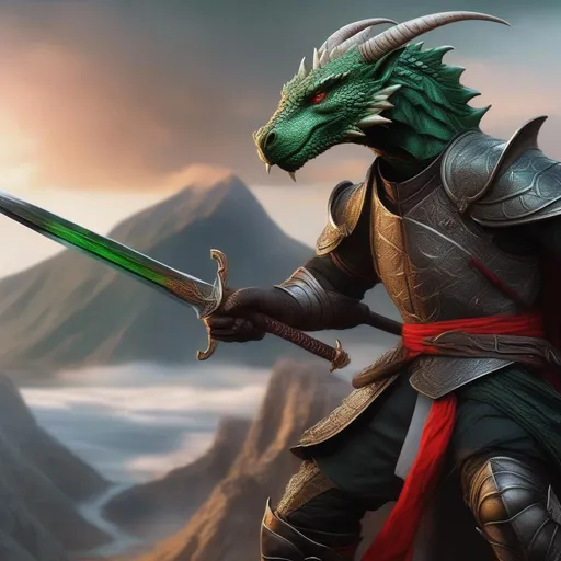 Prompt: A beautiful green and black Dragonborn with no hair, with a bright red scar on the right eye, sword fighting against a human, perfect composition, hyperrealistic, super detailed, 8k, high quality, trending art, trending on artstation, sharp focus, studio photo, intricate details, highly detailed, by Greg Rutkowski, illustration, watercolor