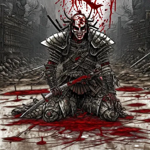Prompt: A high definition detailed portrait in the style of Junji Ito of a samurai covered in blood. His armor has been damaged from battle. His sword is broken. He is seen kneeling in a puddle of blood. In the background are the ghosts of the enemies he has slain. 