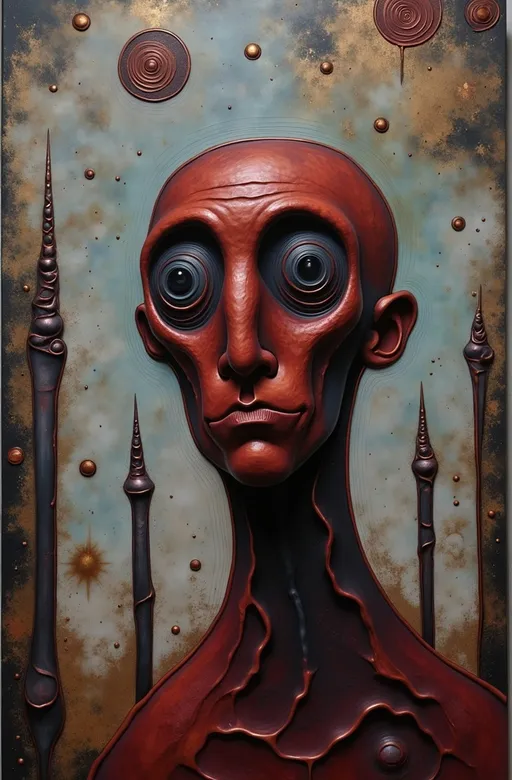 Prompt: abstract painting of a somber man in Mark Ryden style, odd buildings dotting the background
