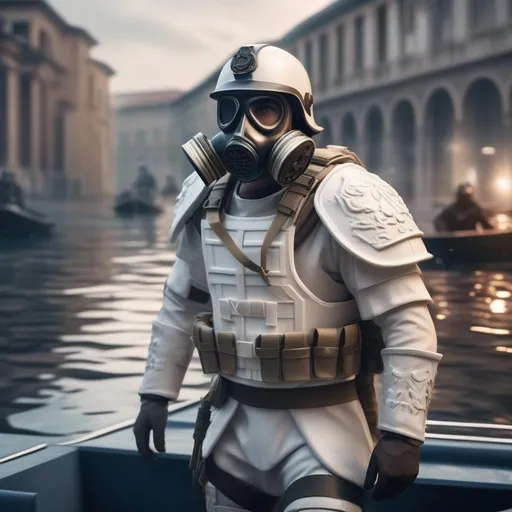 Prompt: a modern roman military male in white military roman armor, and gas mask, by boat in a flooded city region, Hyperrealistic, sharp focus, Professional, UHD, HDR, 8K, Render, electronic, dramatic, vivid, pressure, stress, traumatic, dark.