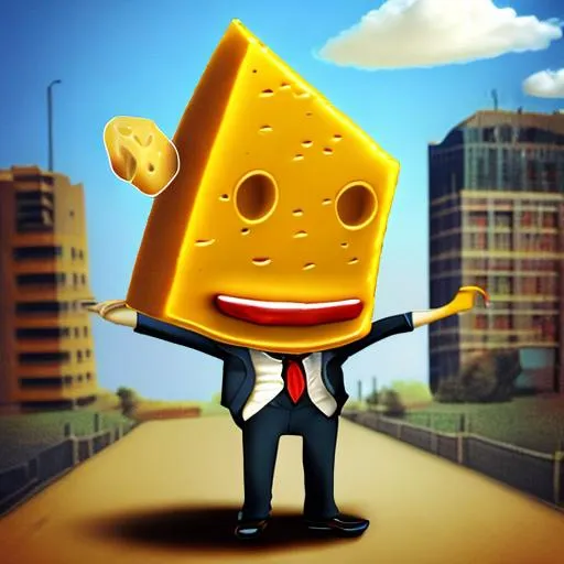 Prompt: a cheese head in a suit