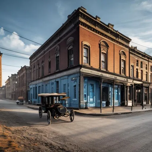 Prompt: Early tall 1900s buildings road old 1930 black ford car high resolution 4k daytime nice weather light blue sky 