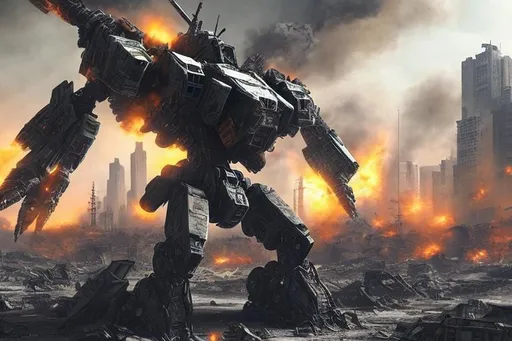 Prompt: armored core mech flying through ruined city, mechs, post apocalyptic,  fires, explosions,  ue5, hyper realistic