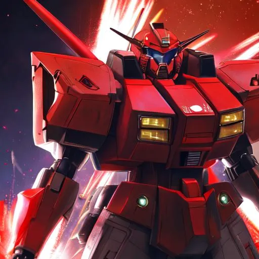 Prompt: Gundam, full metal jacket, neon red and black, full armor, wing jetpack, beam-rifle gun, hyper realistic