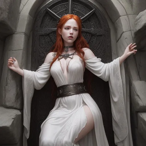 Prompt: Create a fantasy style ultra Intricate detailed biblical style "Gates of Hell". Focused on a gorgeous young slender drunk female redhead princess bride, passed out and bound securely on a demonic sacrificial alter room. Wearing an iron slave collar, wearing white silk apostates robe, lying on her back on a large stone alter. Professional Photo Realistic Image, RAW, artstation, splash style dark fractal paint, contour, hyper detailed, intricately detailed, unreal engine, fantastical, intricate detail, steam screen, complementary colors, fantasy concept art, 8k resolution, deviantart masterpiece, splash arts, ultra details Ultra realistic, hi res, UHD, 64k, 2D art rendering.