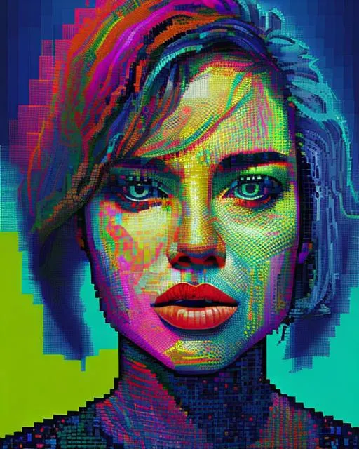 Prompt: A portrait of a person created entirely from pixelated geometric shapes in vibrant neon colors. 