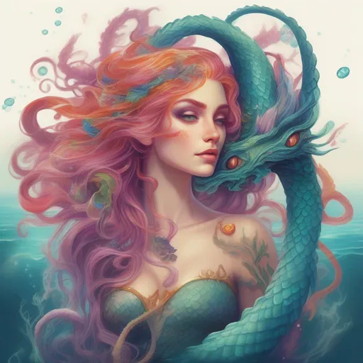 Prompt: A colourful and beautiful Persephone, with precious gem coloured hair and her hair being made out of magic and tentacles, with scales on her skin, with a sea-dragon underwater in a painted style
