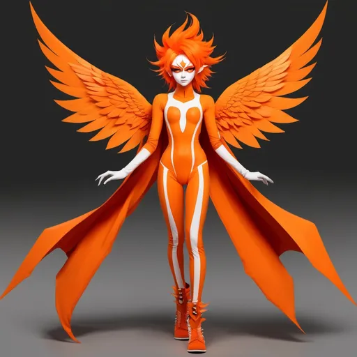 Prompt: Homestuck. Rufioh Nitram. Fullbody view, plain background. Drag makeup, high quality render. Rupaul's drag race. Orange wings, orange hairtips