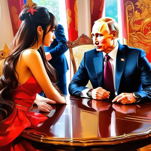 Prompt: Putin meets anime girls, anime style, extremely detailed painting by Greg Rutkowski and by Henry Justice Ford and by Steve Henderson 