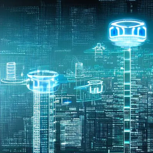 Prompt: Create a digital corporate cityscape within a Tron like world, where technology agents are building a transparent ecosystem based upon data to help aid with innovation and technology enterprises forming a brand new decentralised system within an Utopian society.