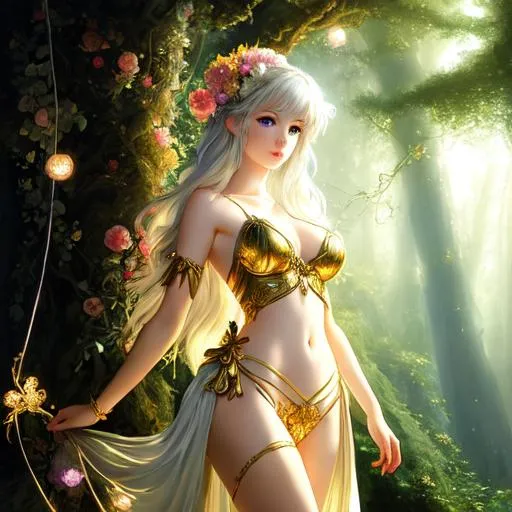 Prompt: Chiaroscuro, full-body painting of a beautiful pale-skinned night elf girl ((((no cloths)))), style of Fragonard and Yoshitaka Amano (light hair with flowers, messy), ropes, ((forest background)), bioluminescent, (wearing intricate clothes) silver gothic armor with golden filigree details and ornamental pauldrons, vines, delicate, soft, fireflies, spiders, spider webs, webs, silk, threads, ethereal, luminous, glowing, dark contrast, celestial, ribbons, trails of light, 3D lighting, soft light, vaporware, volumetric lighting, occlusion, Unreal Engine 5 128K UHD Octane, fractal, pi, fBm, mandelbrot