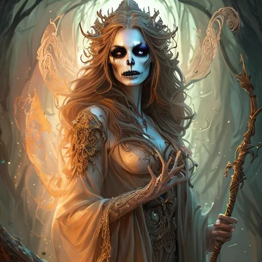 Prompt: Full body splash art portrait of a beautiful female undead sorceress casting a spell, skull nose, very long honey brown hair, wearing long light-colored floaty iridescent pearlescent robe, carrying a wooden staff, D&D, fantasy, intricate, beautiful, elegant, highly detailed, sharp focus, digital painting, artstation, concept art, 4k, 8k