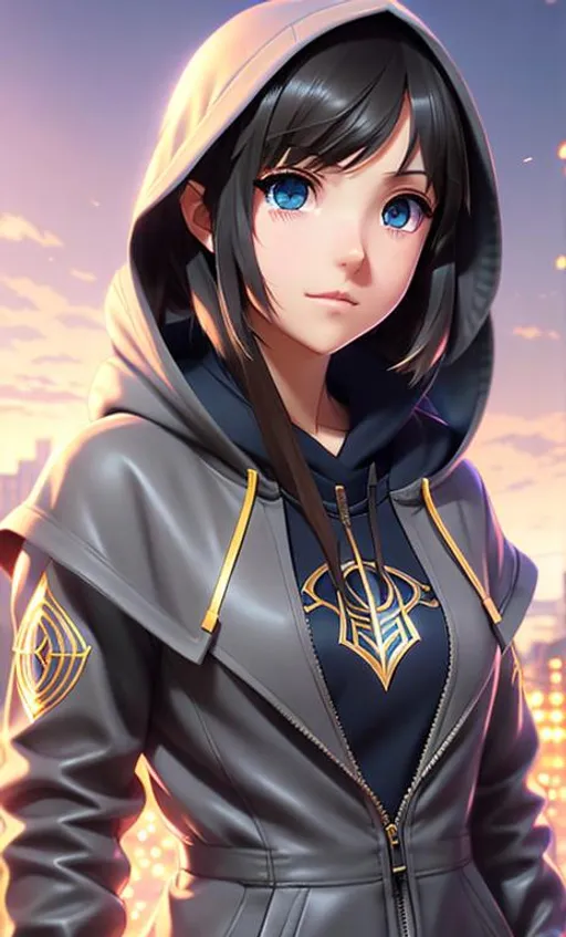 Prompt: portrait of a 23 year brunette girl wearing hood, smooth soft skin, big eyes, beautiful intricate colored hair, symmetrical, anime wide eyes, soft lighting, detailed face, by makoto shinkai, stanley artgerm lau, wlop, rossdraws, concept art, digital painting, looking into camera, full body visible, hands visible, legs visible