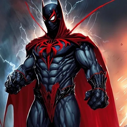 Prompt: Fusion between Marvel's Spiderman 2099 and DC's Batman in Hellbat armor and long cape, hands making fists, mostly black costume with red details